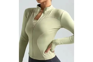 Women's Lightweight Solid Color Long-sleeved Stretch-zipper Running Jacket Thumb Hole Slim High-neck Yoga Top Sportswear