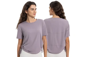 Women's Summer Plus Size Short Sleeve T-Shirt Solid Spandex Yoga Fitness Top Drawstring Pleated Design Breathable Nude Print