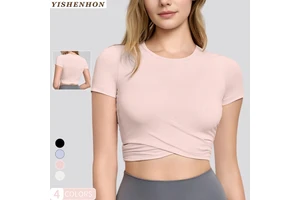 YISHENHON Women's Fitness Crop Top Advanced Sense Breathable Sports T-Shirt Cross Pleated Yoga Design Slimming Short Sleeves