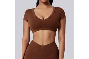Fashion Custom V Neck Beauty Back Shockproof Short Sleeves T Shirt with Bra Yoga Fitness Outdoor Women Sports Gym T Shirt