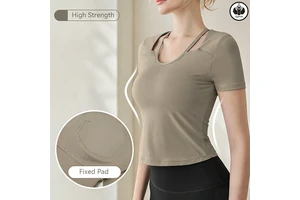 QUMOR Women's Sports Yoga Clothing Eco-Friendly Skinny Fit Lightweight Quick Dry Short Sleeve Training Top Breathable Front