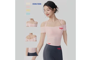 OEM Manufacturer Womens With Pads Off Shoulder Halter Neck Tie Detail Flattering Fit Pilates Yoga Short Sleeve Top for Fitness