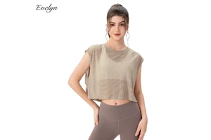 EVELYN Women's Breathable Sleeveless Yoga Blouse Short Loose Running Sports Workout Top Fitness Pants Style-OEM ODM