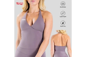 Yoga Top with Chest Pads Breathable Spandex/Nylon V-Neck Sports Bra Backless Sports Workout Fitness Women's Gym Top Custom Logo