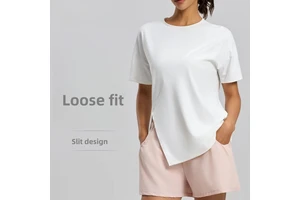 Breathable Spandex/Polyester Split Loose Yoga Running Sports Fitness Top Blouse Short Sleeve Summer Women
