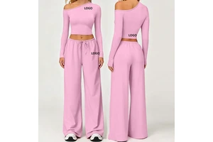 Ladies Asymmetric Slash Neck Pilates Yoga Wear Suit Long Sleeves Crop Top & Drawstring Trousers Workout Gym Fitness Dance Wear