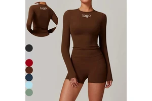 Slim Fit Sports Running Yoga Quick Dry T-shirt Women Round Neck Long Sleeve Plain Colors Breathable Yoga Top
