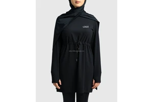 Modest Active Top With Drawstring Thumbholes Lightweight Breathable Polyester Fabric Plus Size Length Cover Gluts