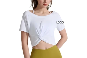 New Custom AL Summer Women's Sexy Twisted Pattern Top Solid Color T-shirt Short Sleeved Fitness Yoga Quick Drying Sports Shirt
