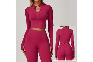 Roregal Fast Drying Yoga Jacket Outdoor Women Stand Collar Zipper Long Sleeve Sports Tops