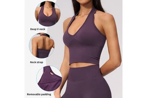 DWX7725 Women's Halter Crop with Built-in Bra - Low Impact Deep V-Neck Sleeveless Yoga Tank, Fixed Straps Wireless Workout Top