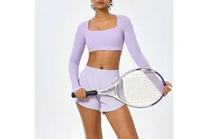 Custom Stand Neck Crop Top Bare-Feeling High-Elastic Thumb Hole Yoga Tops Women Regular Fit Long Sleeves Breathable Front