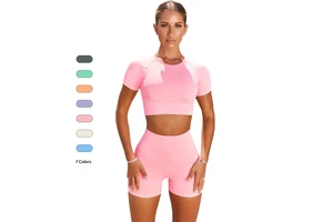 Seamless Spandex/Nylon Yoga Short-Sleeved Women's Moisture-Wicking Quick-Drying Sports Top Solid Color High Elastic Tight Simple