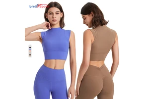 Wholesale Turtleneck Sleeveless Quick Dry Slim T-shirt Fitness Yoga Wearing Padded Sports Top Round Neck Crop for Women