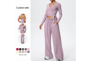 Women Yoga 3 Piece Set Halter Crop Top Wide Leg Pants Long Sleeve Top Activewear Workout Outfits Lounge Sports Gym Clothing