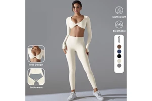Ladies Solid Long Sleeve Pleated Front Crop Top Gym Fitness Yoga Wear High Waist Seamed Legging Yoga Set Breathable Thumb Hole