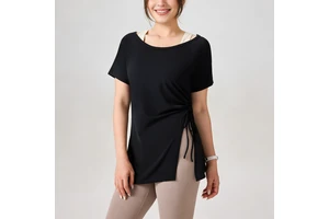 Women's Summer Antibacterial Breathable Spandex/Nylon Yoga Short-Sleeved Sports Top with Side Waist Pleats and Slimming Design