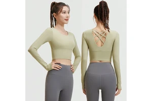 TongJoes Women's Cross-Back Long-Sleeved Fitness Top Bra-Free Slimming Sports Apparel Customizable Yoga Vest Fashion Style