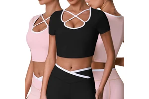 Women Cross Strap Neck Yoga Top Short Sleeve Contrast Trim Workout Crop Top With Built in Bra for Gym Training ODM and OEM