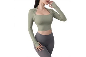 Yoga Top with Chest Pads Cropped Quick-Dry Spandex/Nylon Tight-Fitting Sexy Slimming Long-Sleeved Solid Pattern Sports Top