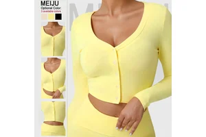 Womens Activewear Ribbed V-neck Crop Top Long-sleeve Cardigan Gym Yoga Sports Tops for Women