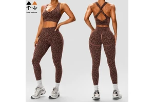 European And American Style Women's Leopard Print Yoga Clothes Cross Back Seamless Yoga Clothes Suitable For Fitness And Sports