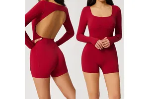 Custom Women's Long Sleeve Yoga Bodysuit Open Back Wide Square Neckline Tummy Control Workout Romper