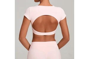 Women Outdoor Running Open Back Compression Soft Quick Dry Cropped Top Yoga Wear Fitness Sports T Shirt No Padded