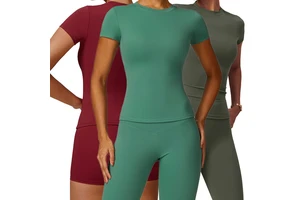 CDX8455 Women Crew Neck Super Stretchy Sports T-shirt Slim Fit Quick Dry Yoga Tops Gym Fitness Workout Activewear