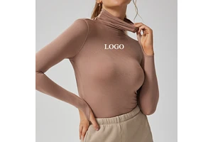 Custom Breathable Long Sleeve Backless High Neck Elastic Gym Sports Top T-Shirt Hollowed-out Back Crop Yoga Tops with Thumbhole