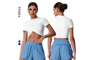Women's Quick Dry Fitness Top Slim Fit Breathable Athletic Wear Cross Knot Short Design Round Neck Ladies Sports Yoga T Shirt