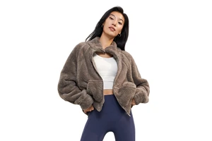 Plush Warm Woolen Woven Yoga Jacket Women's Autumn Winter Windproof Fur Sheep Stand Collar Zip Top Loose Sports Long Sleeve