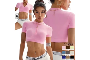 Women's Seamless Short Sleeve Solid Yoga Crop Top-Quarter-Zip Mock Neck Slim Fit High-Waisted Elastic Waist Activewear for Gym