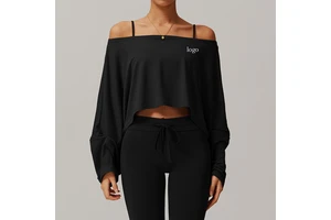 Ladies Long Sleeve Oversized Tshirts Gym Wear Blank Loose off the Shoulder Tops Fitness&Yoga Wear Wholesale for Women