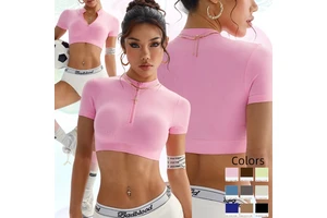 Women's Half Zipper Solid Color Short Sleeves Sports Top High Stretch Crop Yoga Shirts Stand Neck Quick Drying Running T-shirts