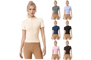 Women's Nude Feeling Fitness Workout Shirts Lady Full Zipper Short Sleeves Top Female High Stretch Stand Neck Yoga T-shirts