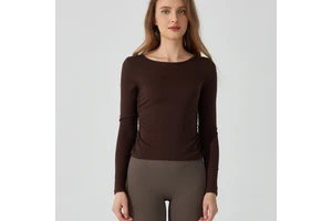 European American Women's Autumn Winter Yoga Sports Top Breathable Wrinkle-Resistant Barely There Ruched Skinny Fit Front