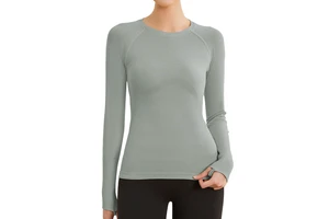 Women's Long-Sleeved Seamless Water Resistant Breathable Spandex/Nylon Workout Tops with Thumb Holes for Yoga & Running