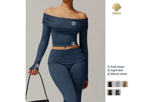 CNSHELL Off Shoulder Pleated Fold Neck Gym Sports T-Shirt Long Sleeve Yoga Tops Cropped Slim Active Wear for Women