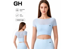 GH Custom Logo Women Mesh Short Sleeve Breathable Slim Fit Gym Fitness Workout Sports Shirt Wholesale Factory Yoga Crop Top Bra