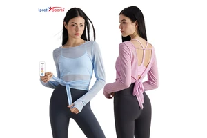 2025 Long Sleeve Workout Shirts Yoga Tops Sports Gym Wear Breathable Open Back Cross Hem Athletic
