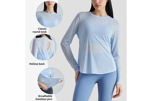 ADCX52019 Women Round-Neck Long Sleeve Hollow Back Breathable Loose Fit Running Athletic Lightweight Tummy Control Yoga Tops