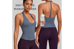CNSHELL Halter T Back Backless Deep V Neck Sleeveless Tank Top Yoga 4 Way Stretch Sports Tank Top Build in Bra Breathable