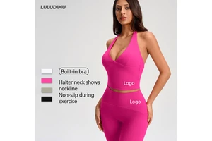 Women High Support Breathable Simple Deep V Halter Yoga Tank Sexy Cropped Backless No Bra Needed Front Sports Top Gym Workout
