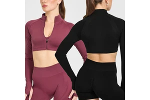 Breathable Stretch Seamless Stand Collar Zip Crop Top Gym Fitness Running Sports Yoga Half Zipper Long Sleeve for Women