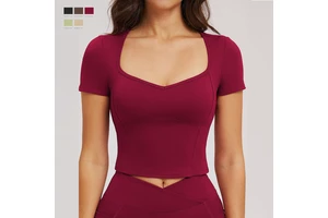 Women's Quick Dry High Elastic Square Neck Solid Yoga Short Shirts Comfortable Slim Fit Workout Crop Top with Removable Pads