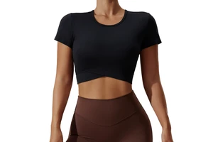 Women's Summer Sexy Navel Neck Fitness Wear Lightweight New Yoga T-Shirt High Elastic Breathable Short Sleeve Front Cross-Front