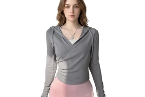 Customized Fall/Winter Yoga Wear Women Breathable Spandex/Nylon Cross-Tie Waist Sports Hooded Top V-Neck Long-Sleeve Chic Gym