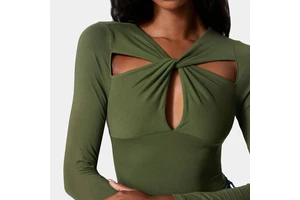 Customized Elegant Twisted Keyhole Long Sleeve Olive Green Sexy Slim Fit Stretch Top For Women Chic Olive Green For Women