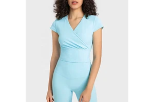 Wholesale Women Yoga Cropped Top Sexy V Neck Quick Dry 4-way Stretch Short Sleeve T Shirts Gym Sport Wear Tee